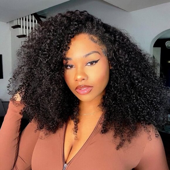 Kinky Curly Human Hair Half Wig 16 Inch 3 In 1 Headband Glueless Curly Wig - Picture 1 of 7